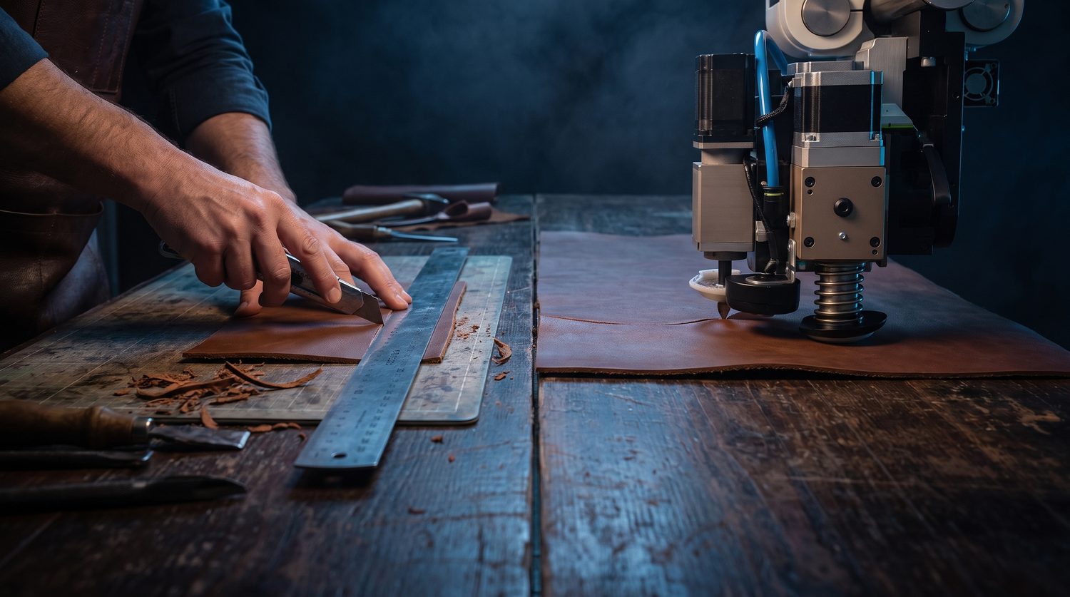 CNC osilasyonlu bıçak premium deriyi keserken yakın plan